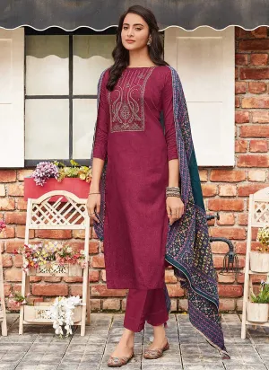 Dark Pink Embroidered Straight Pant Style Suit