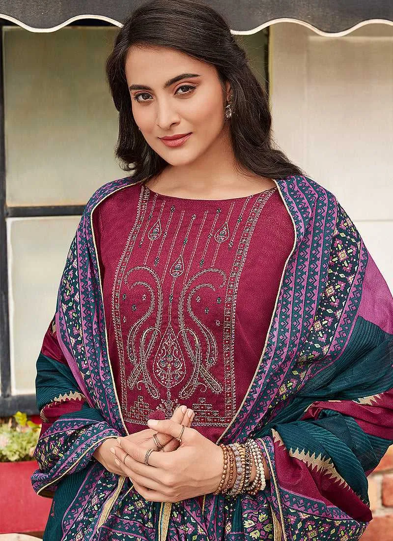Dark Pink Embroidered Straight Pant Style Suit