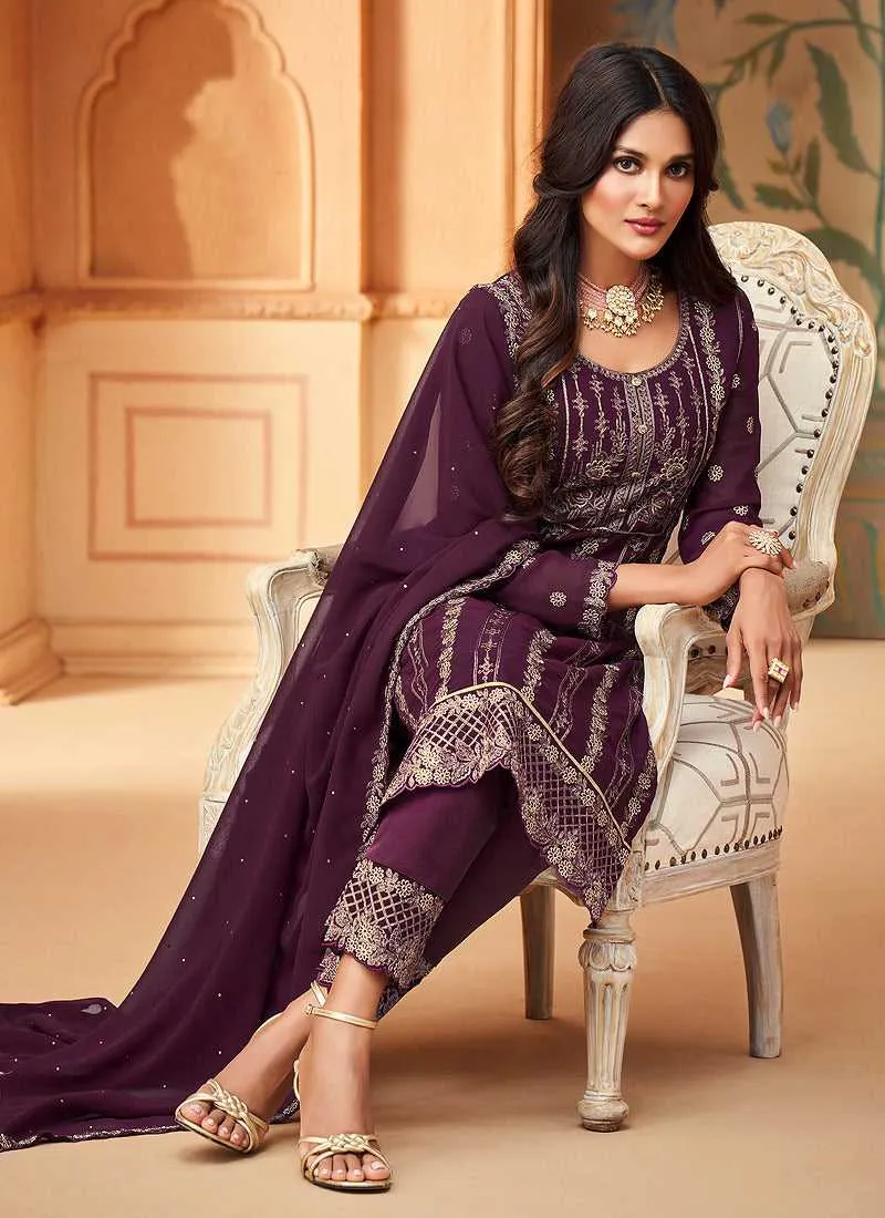 Dark Purple Embroidered Straight Pant Style Suit