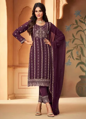 Dark Purple Embroidered Straight Pant Style Suit