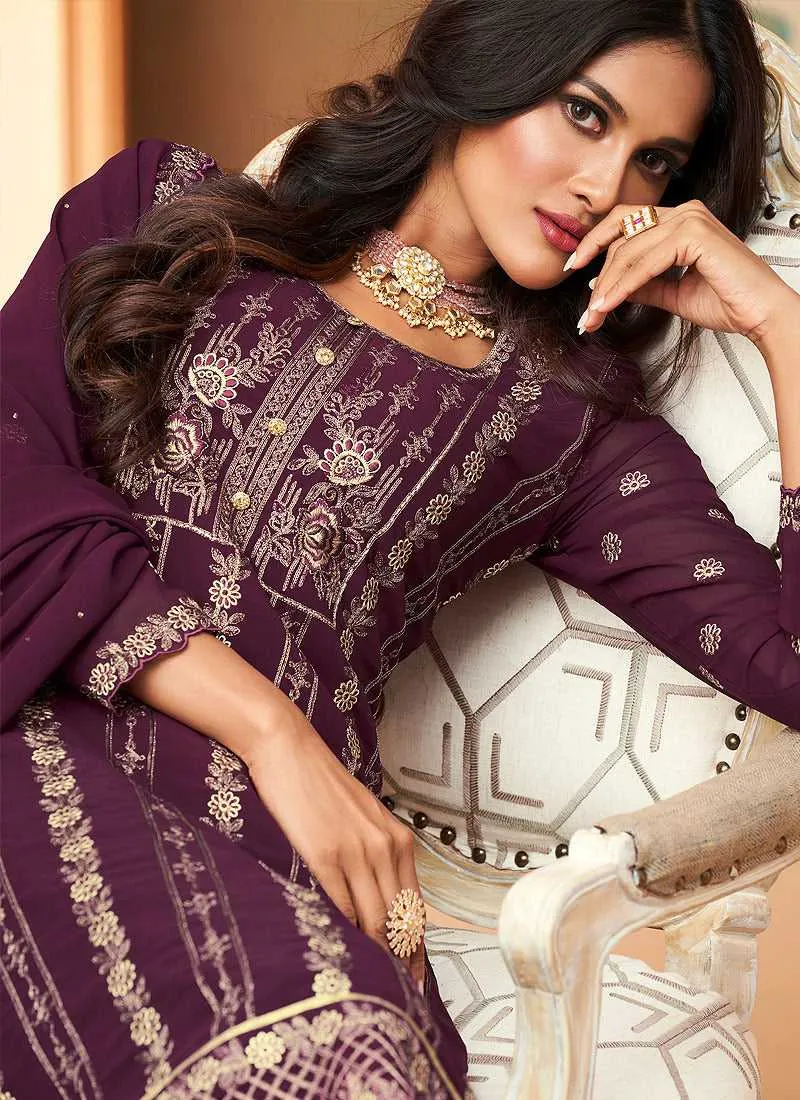 Dark Purple Embroidered Straight Pant Style Suit