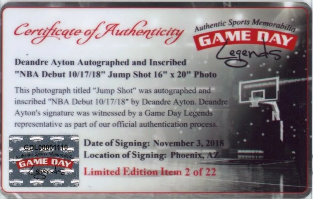 DEANDRE AYTON Signed "NBA Debut 10/17/18" 16" x 20" Photograph STEINER LE 22