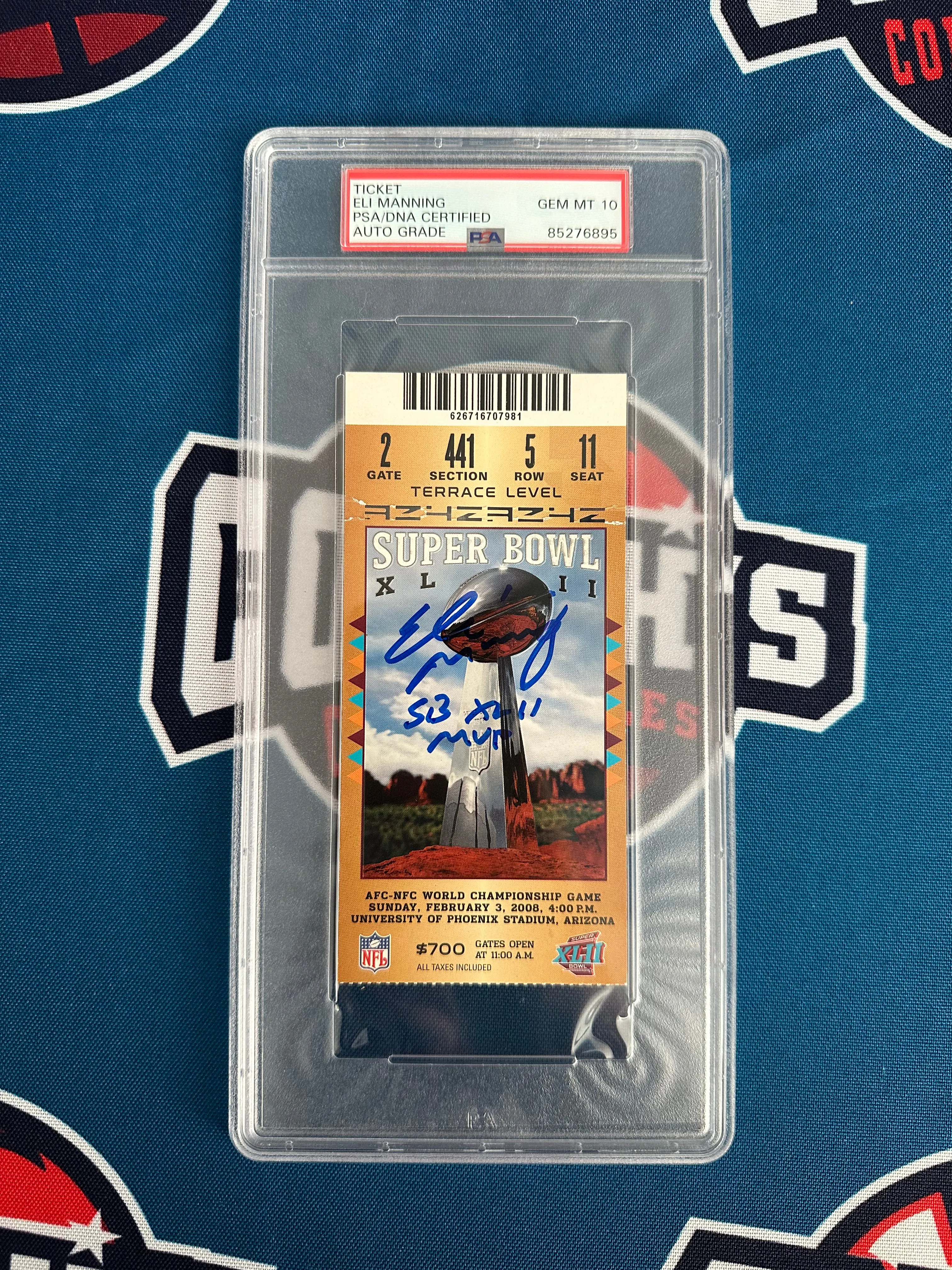 Eli Manning Autographed Super Bowl XLII Ticket with SB XLII MVP Inscr Gem 10 Auto  (PSA SLABBED)