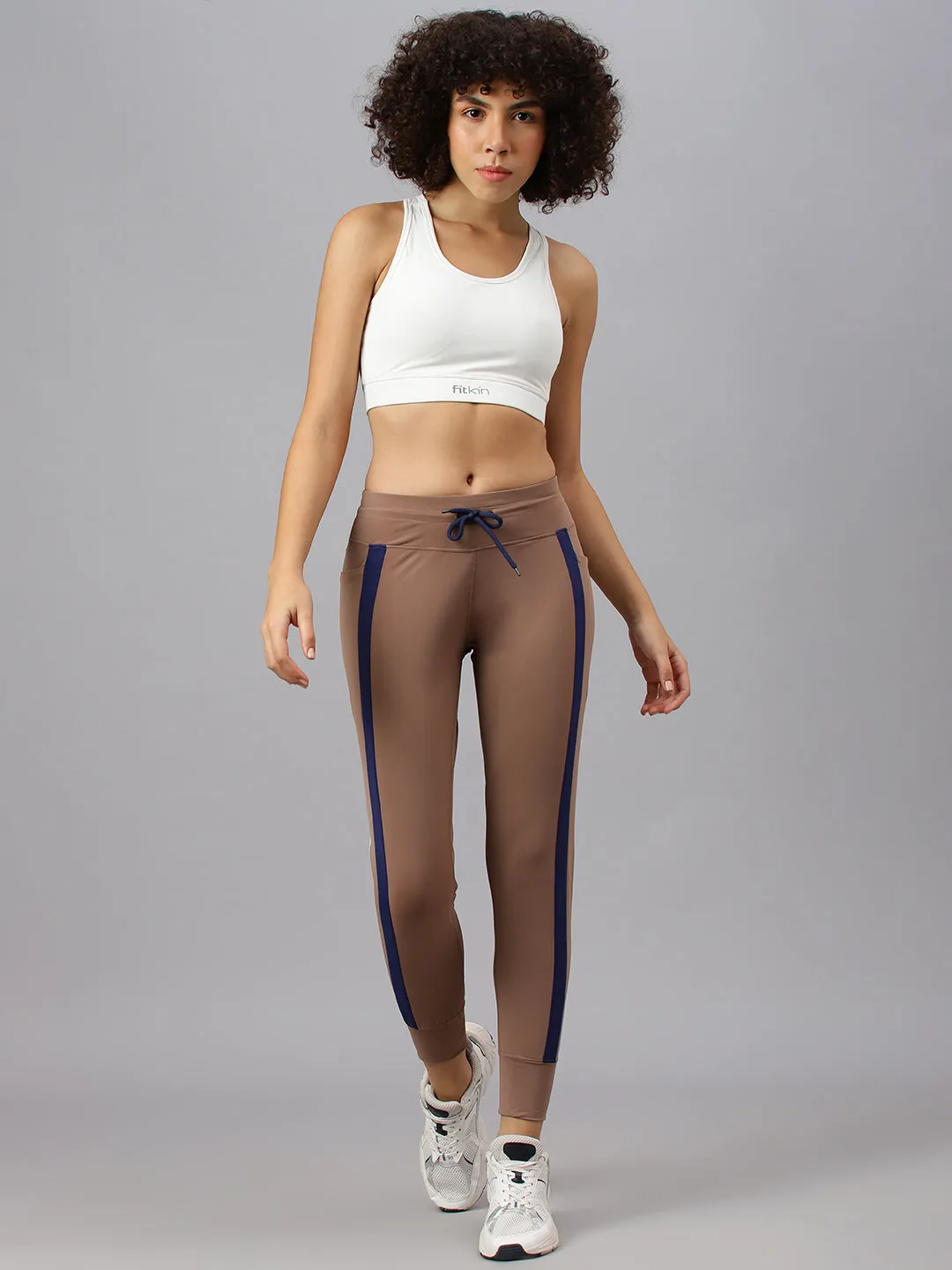 Fitkin Women's Brown Side Stripes Jogger
