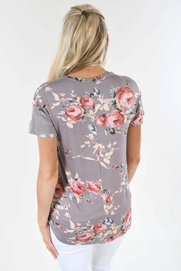 Floral V-Neck ~ Stone