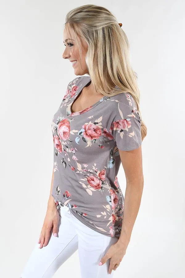 Floral V-Neck ~ Stone