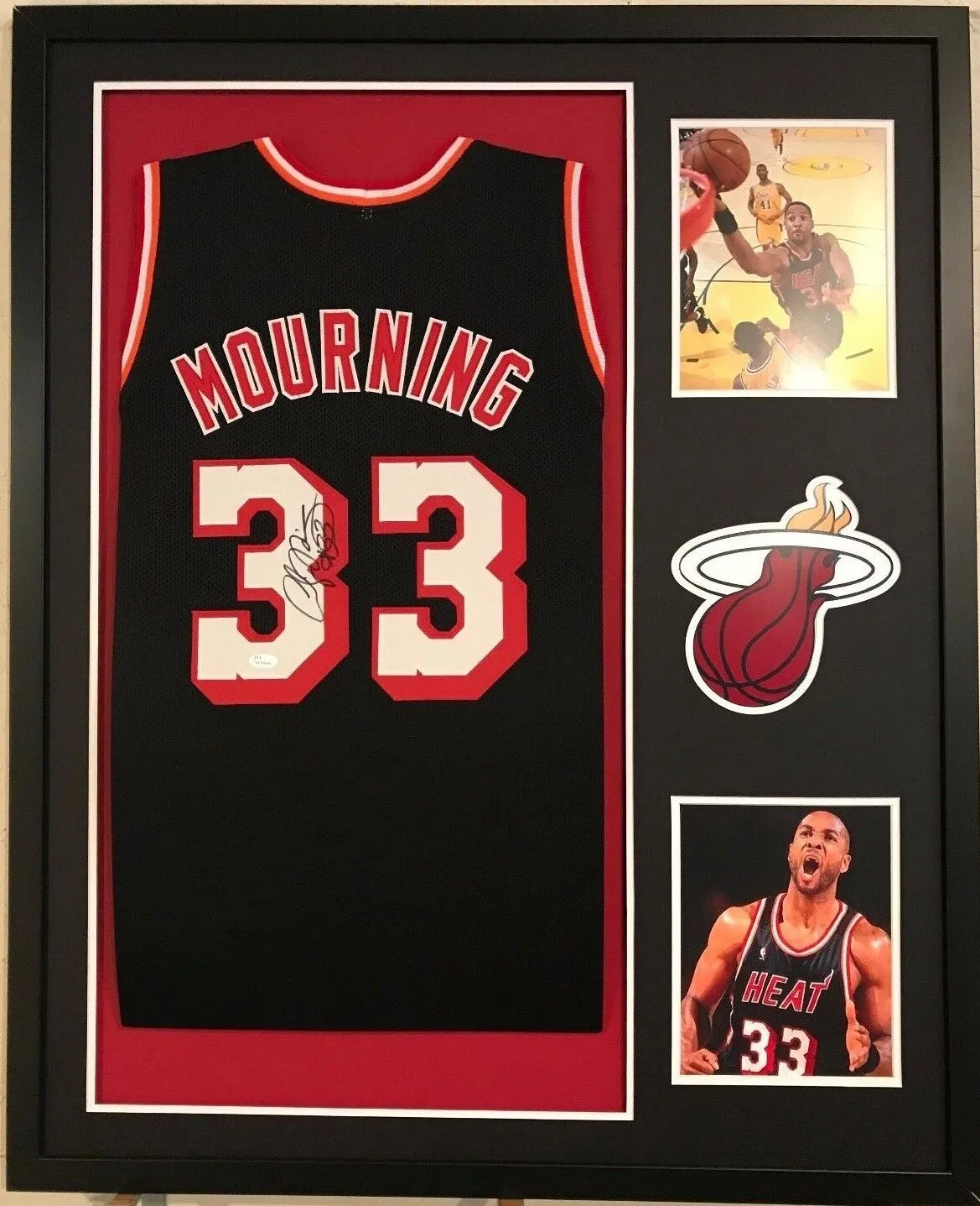 FRAMED ALONZO MOURNING SIGNED AUTOGRAPHED MIAMI HEAT JERSEY JSA COA