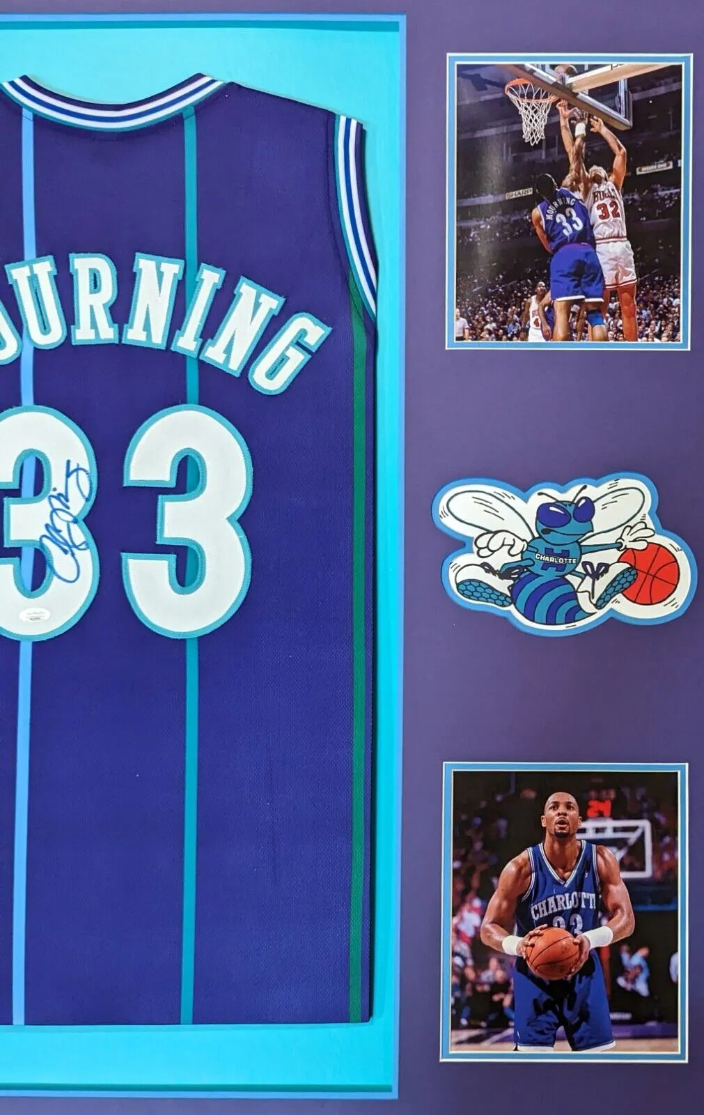 FRAMED CHARLOTTE HORNETS ALONZO MOURNING SIGNED JERSEY JSA COA