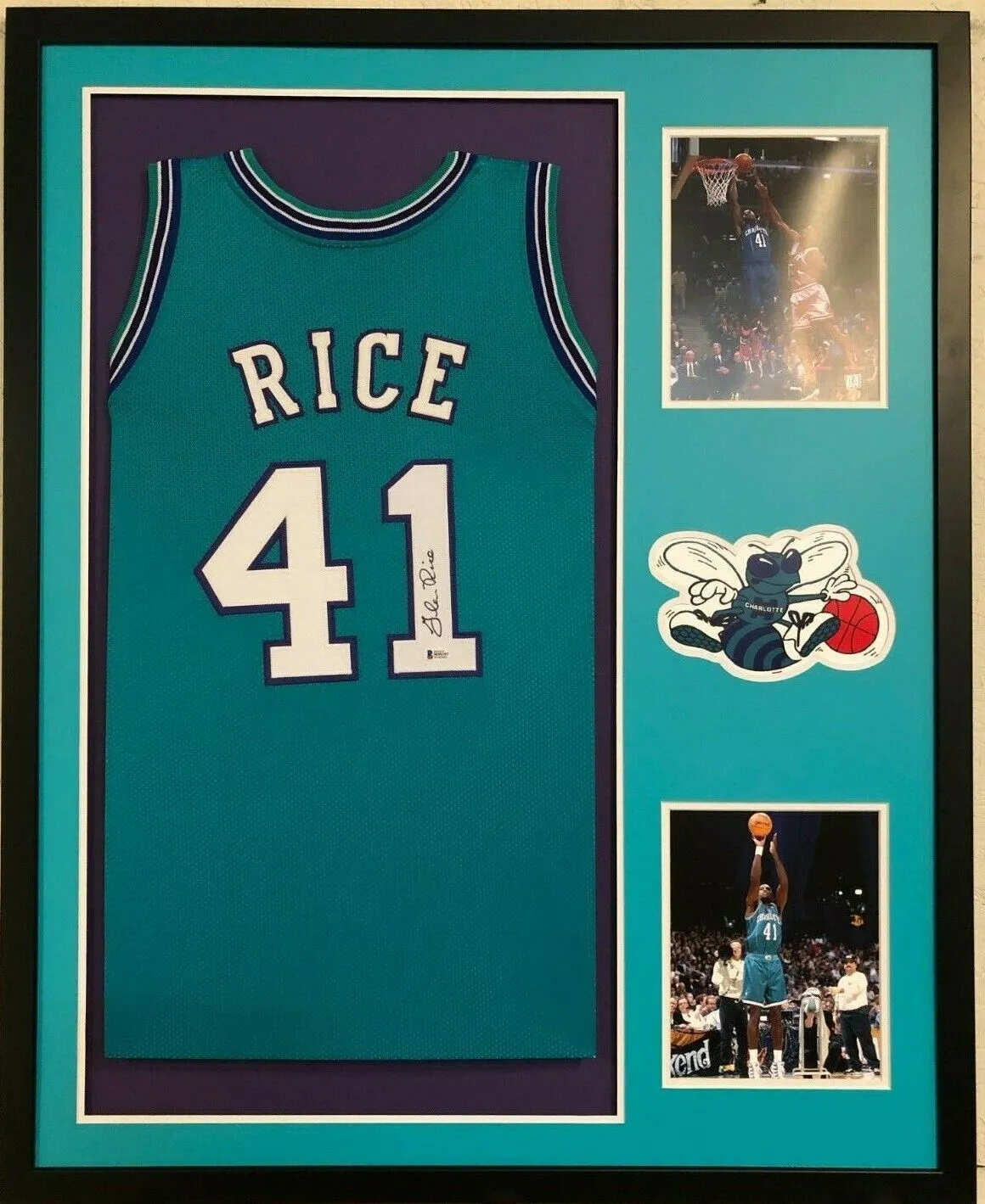 FRAMED CHARLOTTE HORNETS GLEN RICE SIGNED JERSEY BECKETT COA