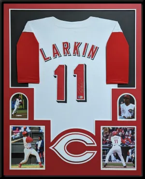 FRAMED CINCINNATI REDS BARRY LARKIN AUTOGRAPHED SIGNED JERSEY BECKETT HOLO