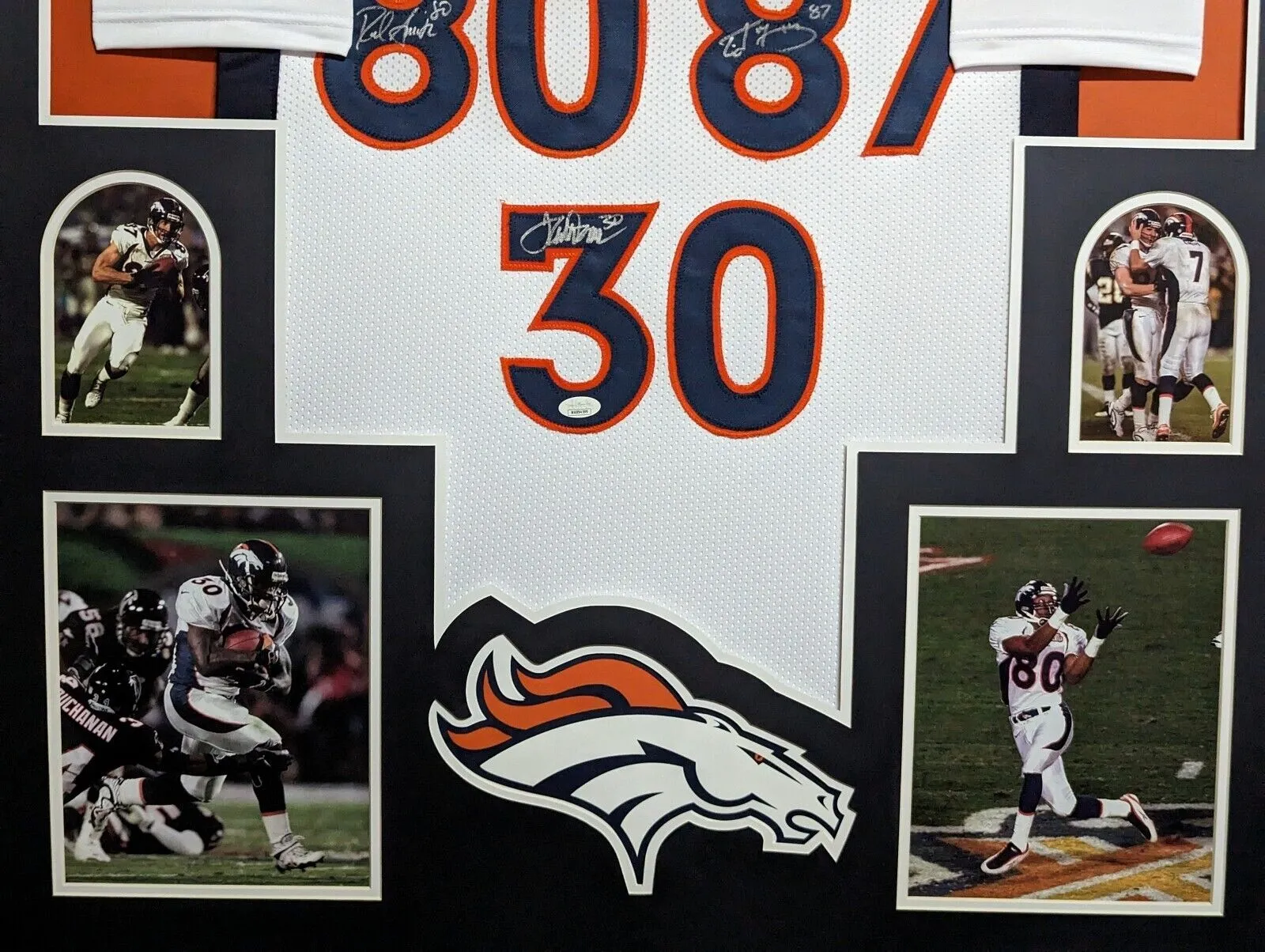 FRAMED DENVER BRONCOS 2X SB CHAMPS 3X AUTOGRAPHED SIGNED JERSEY JSA COA