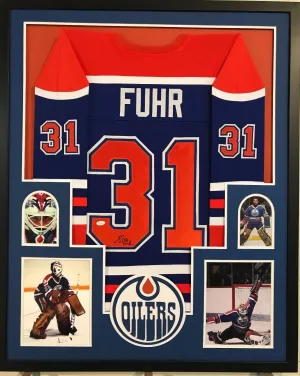FRAMED GRANT FUHR AUTOGRAPHED SIGNED EDMONTON OILERS JERSEY JSA COA