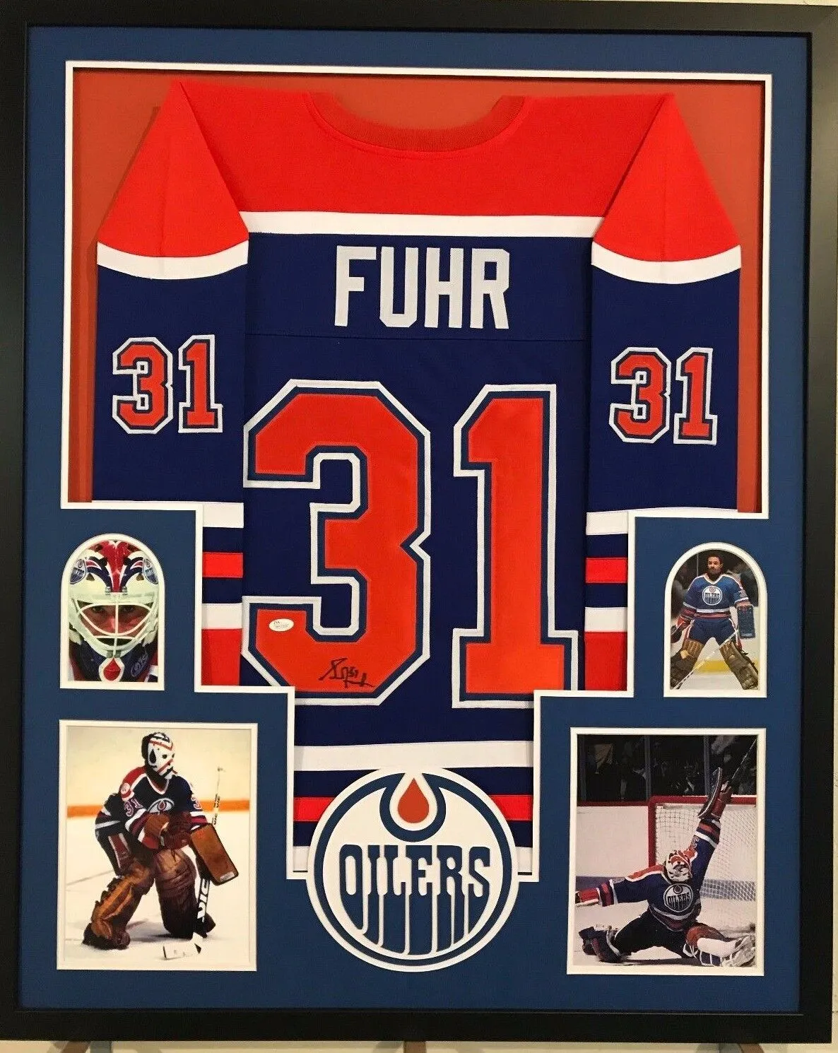 FRAMED GRANT FUHR AUTOGRAPHED SIGNED EDMONTON OILERS JERSEY JSA COA