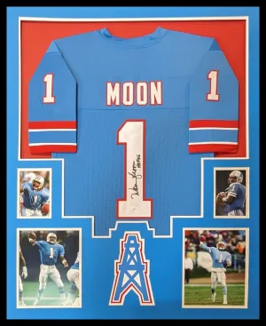 FRAMED HOUSTON OILERS WARREN MOON AUTOGRAPHED SIGNED INSCRIBED JERSEY JSA COA