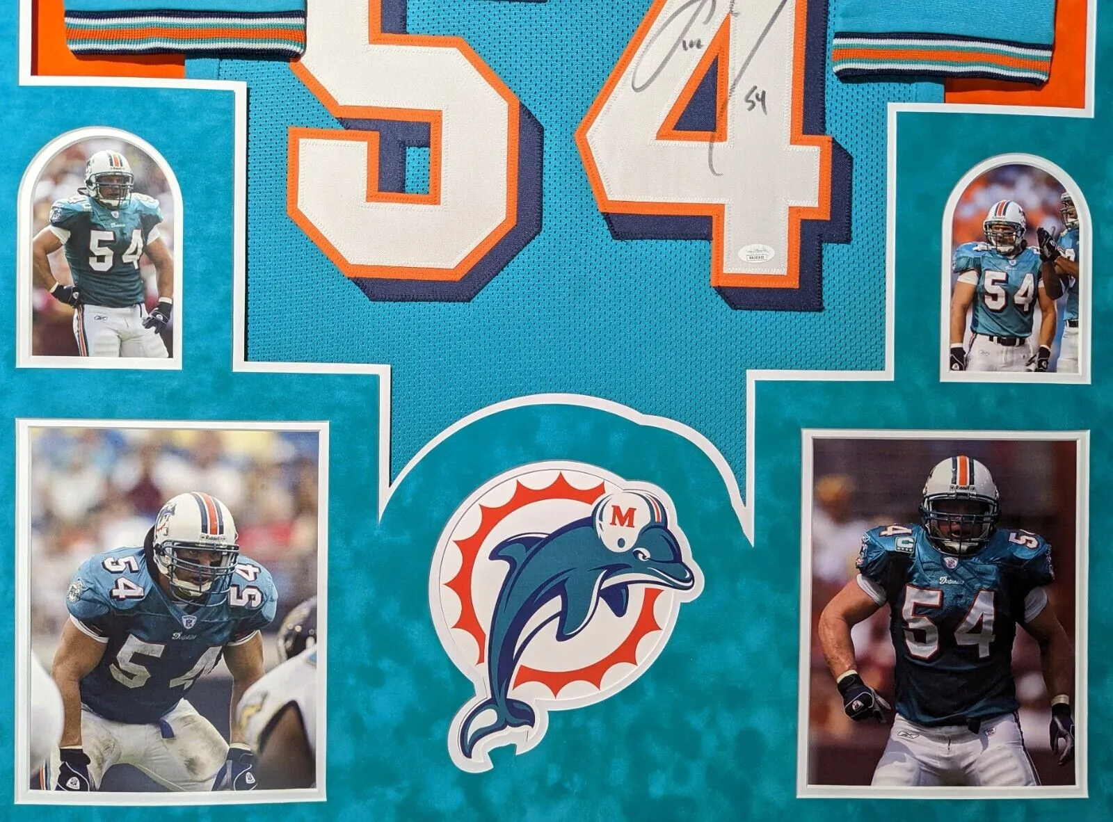 FRAMED IN SUEDE MIAMI DOLPHINS ZACH THOMAS AUTOGRAPHED SIGNED JERSEY JSA COA