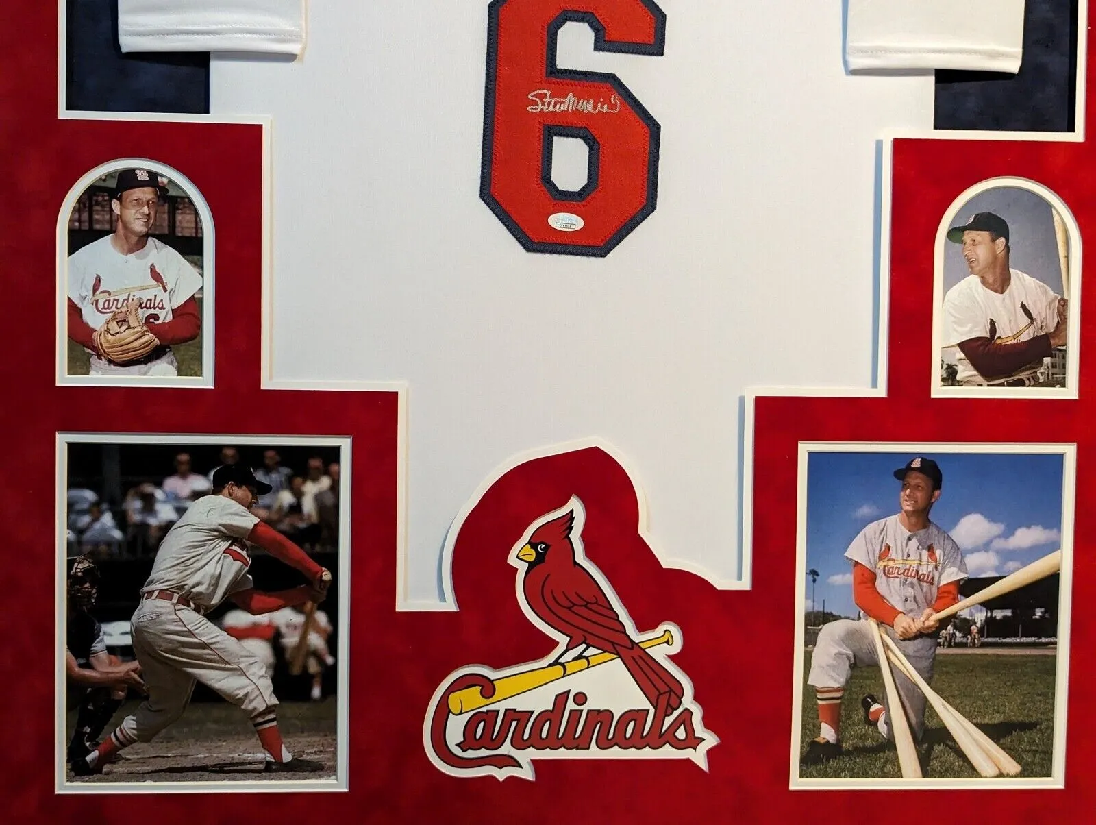 FRAMED IN SUEDE ST LOUIS CARDINALS STAN MUSIAL AUTOGRAPHED JERSEY JSA COA