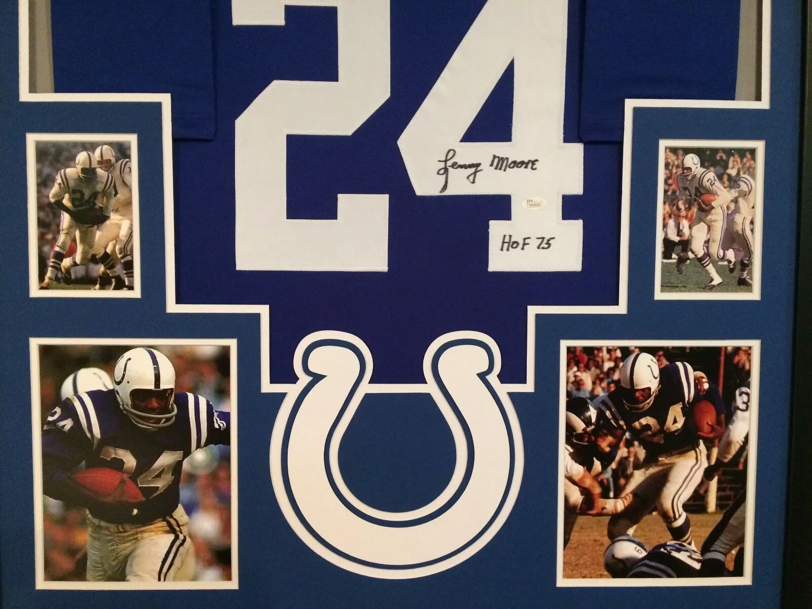 FRAMED LENNY MOORE AUTOGRAPHED SIGNED INSCRIBED BALTIMORE COLTS JERSEY JSA COA