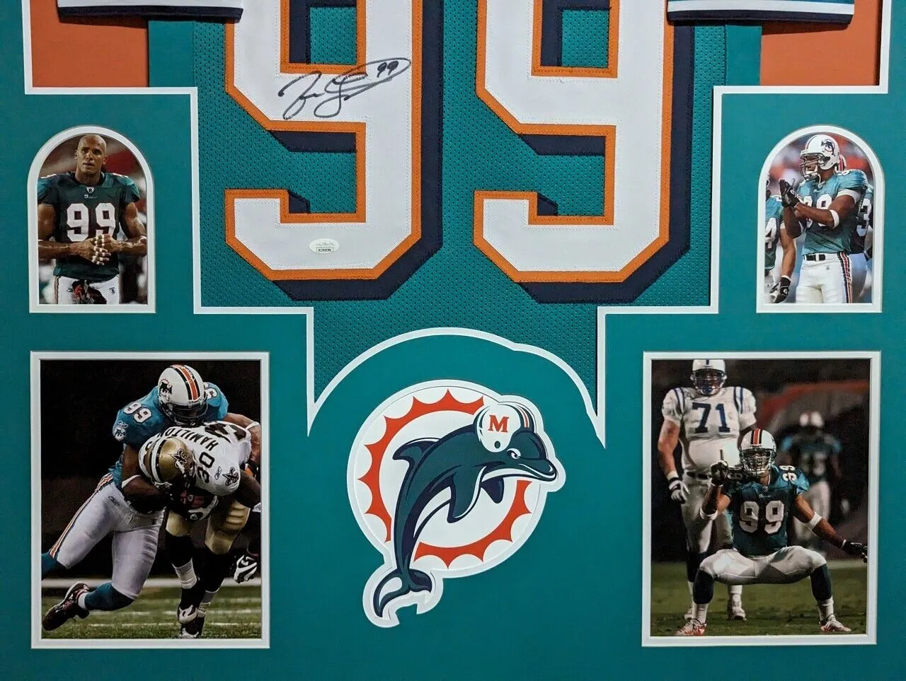 FRAMED MIAMI DOLPHINS JASON TAYLOR AUTOGRAPHED SIGNED JERSEY JSA COA