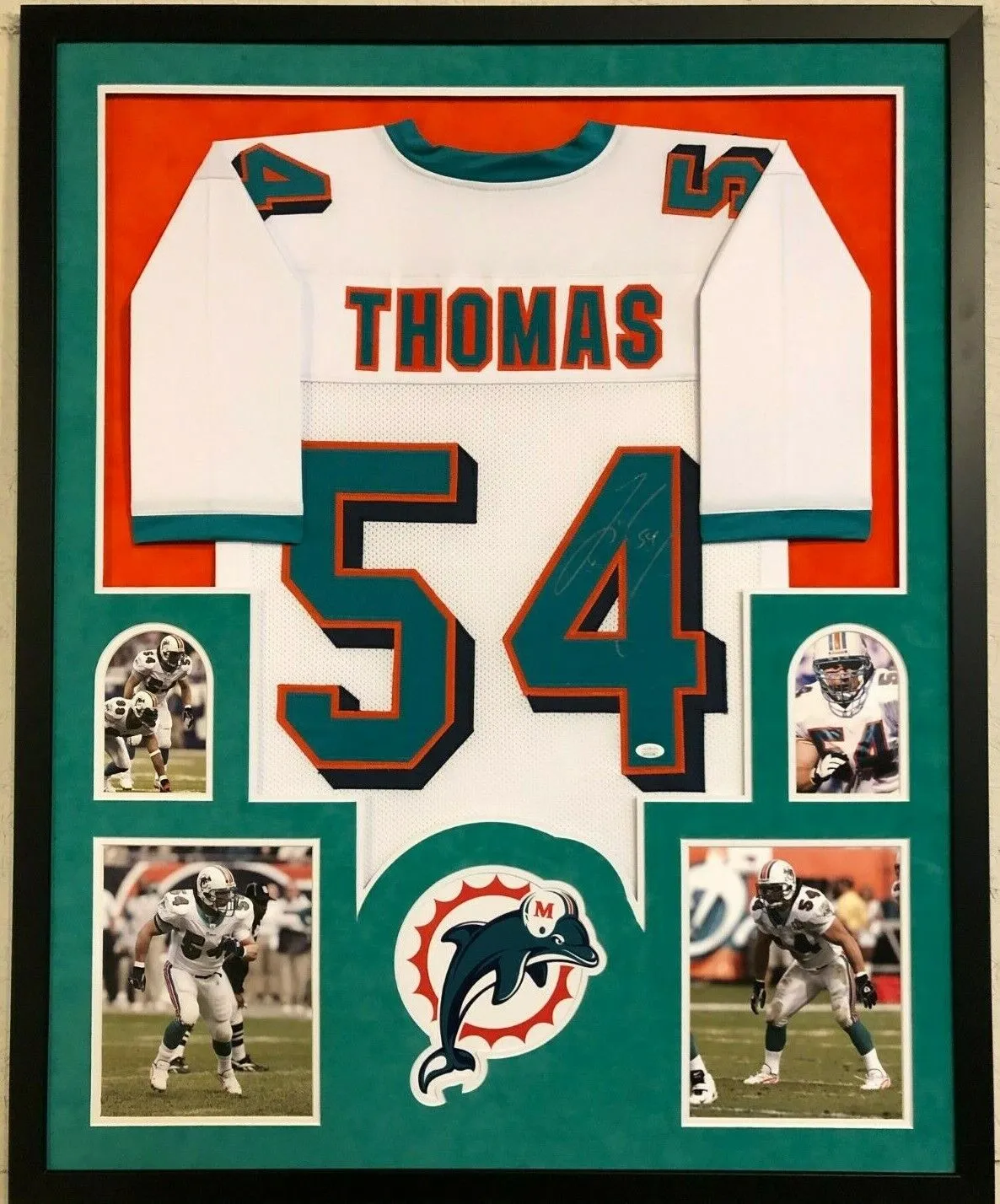 FRAMED MIAMI DOLPHINS ZACH THOMAS AUTOGRAPHED SIGNED JERSEY JSA COA