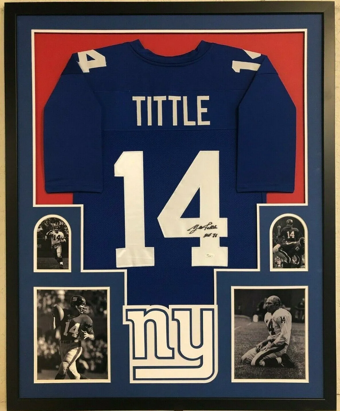 FRAMED NEW YORK GIANTS Y.A. TITTLE AUTOGRAPHED SIGNED INSCRIBED JERSEY JSA COA