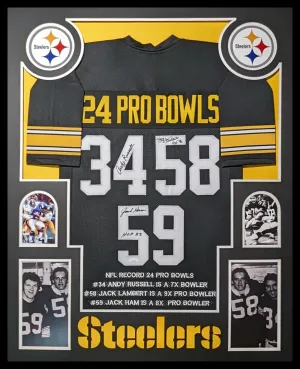 FRAMED PITTSBURGH STEELERS 24 PRO BOWLS 3x SIGNED STAT JERSEY JSA COA