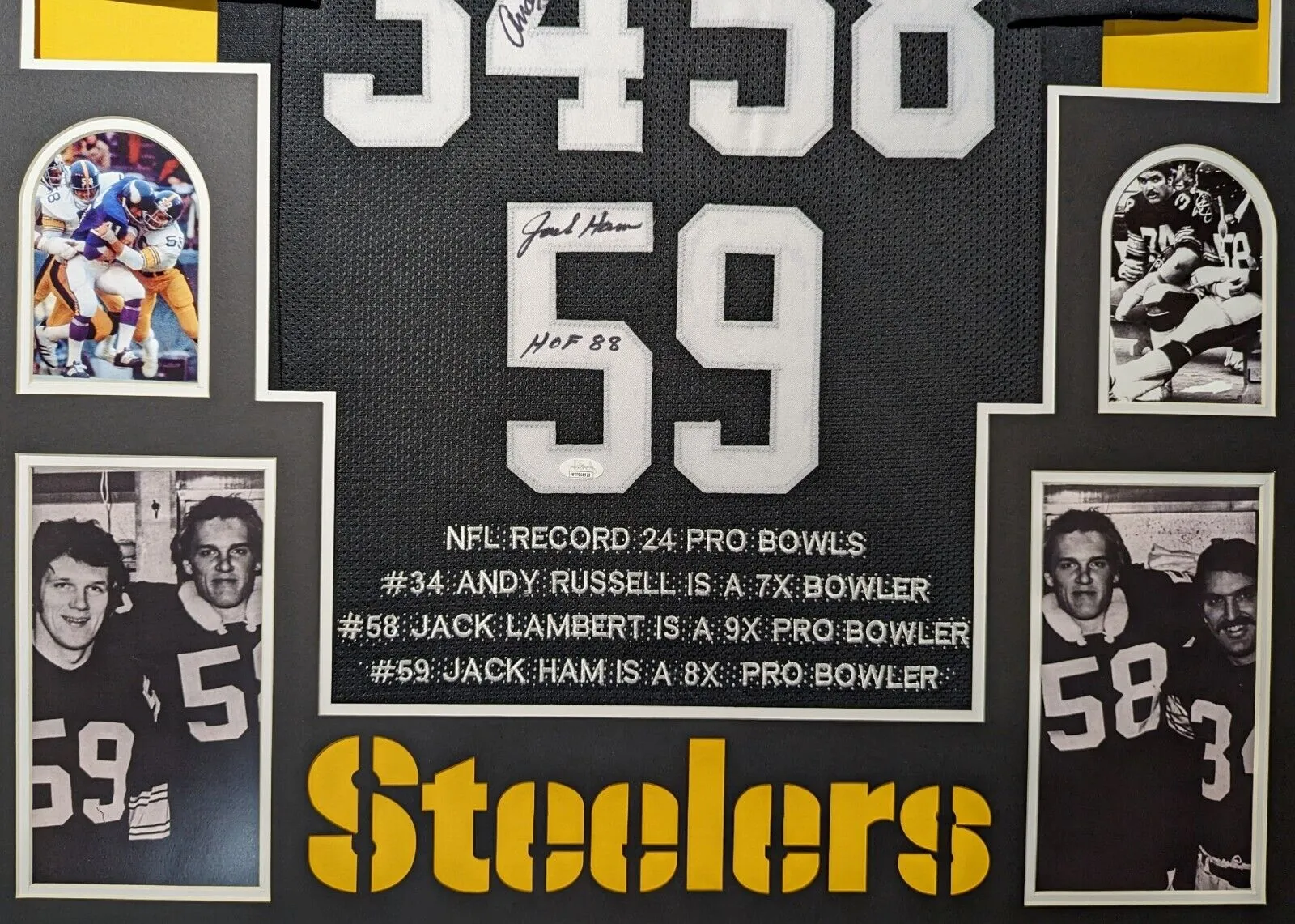 FRAMED PITTSBURGH STEELERS 24 PRO BOWLS 3x SIGNED STAT JERSEY JSA COA