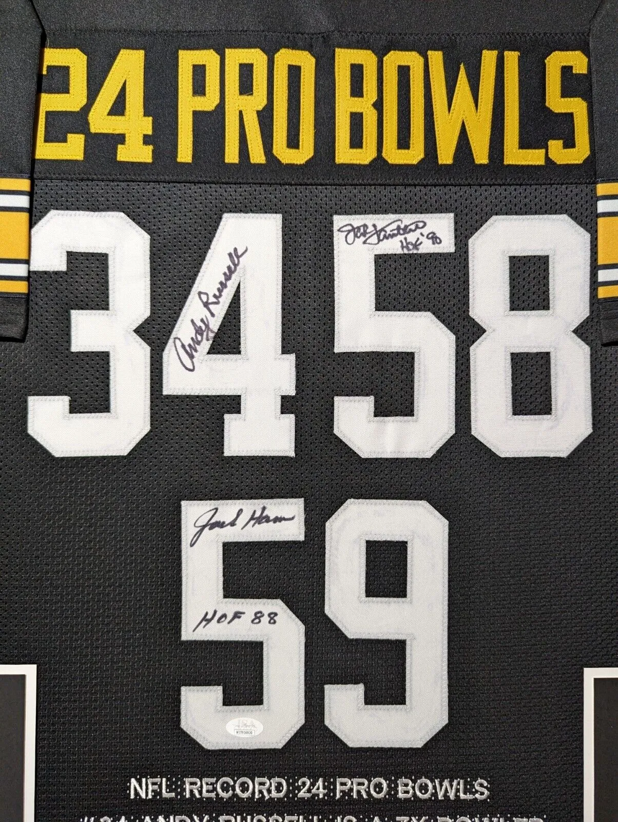 FRAMED PITTSBURGH STEELERS 24 PRO BOWLS 3x SIGNED STAT JERSEY JSA COA