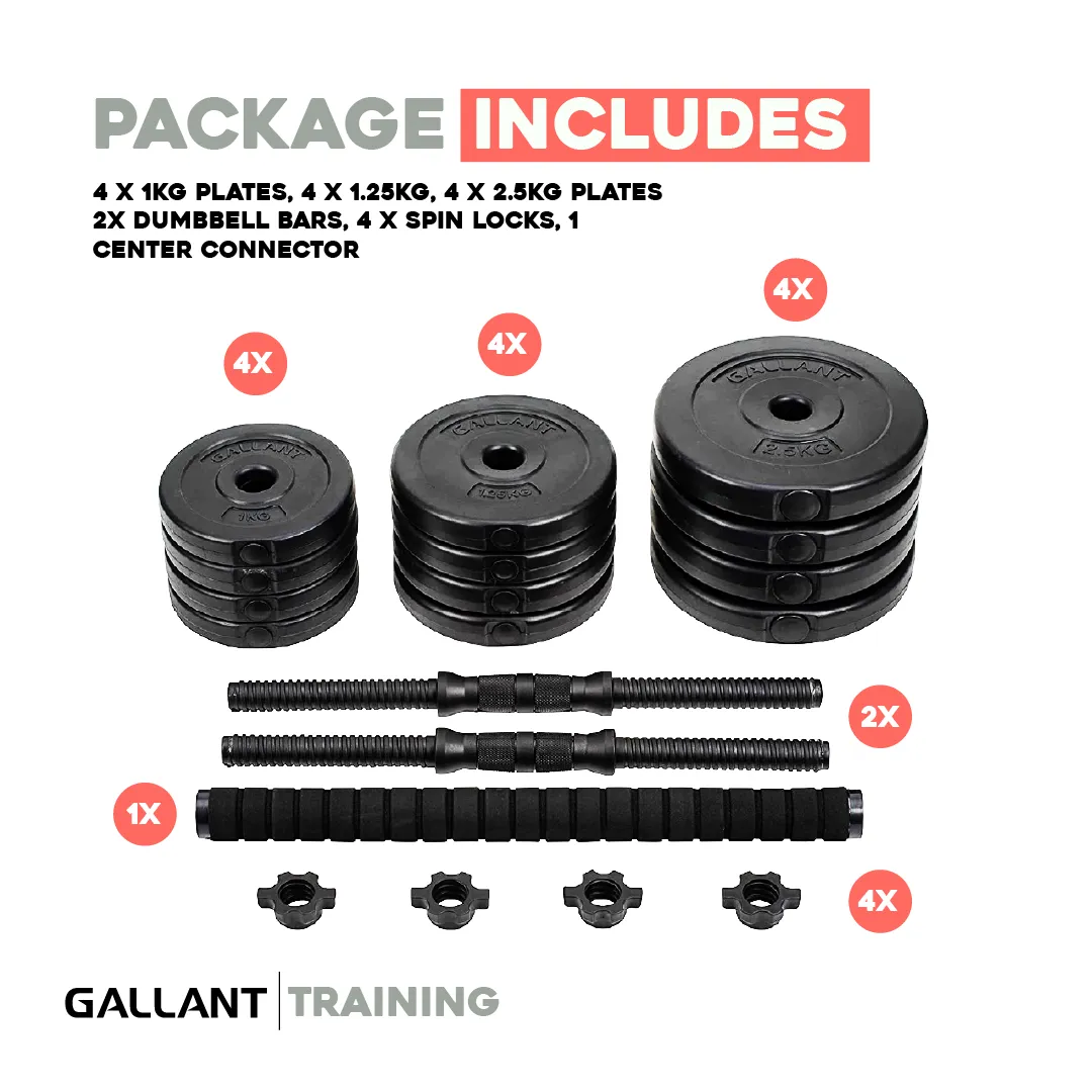 Gallant 10kg-20kg Adjustable Dumbbells Set, 2 in 1 Dumbbells and Barbell Hand Free Weights Dumbbells Set - Bar Weight Sets
