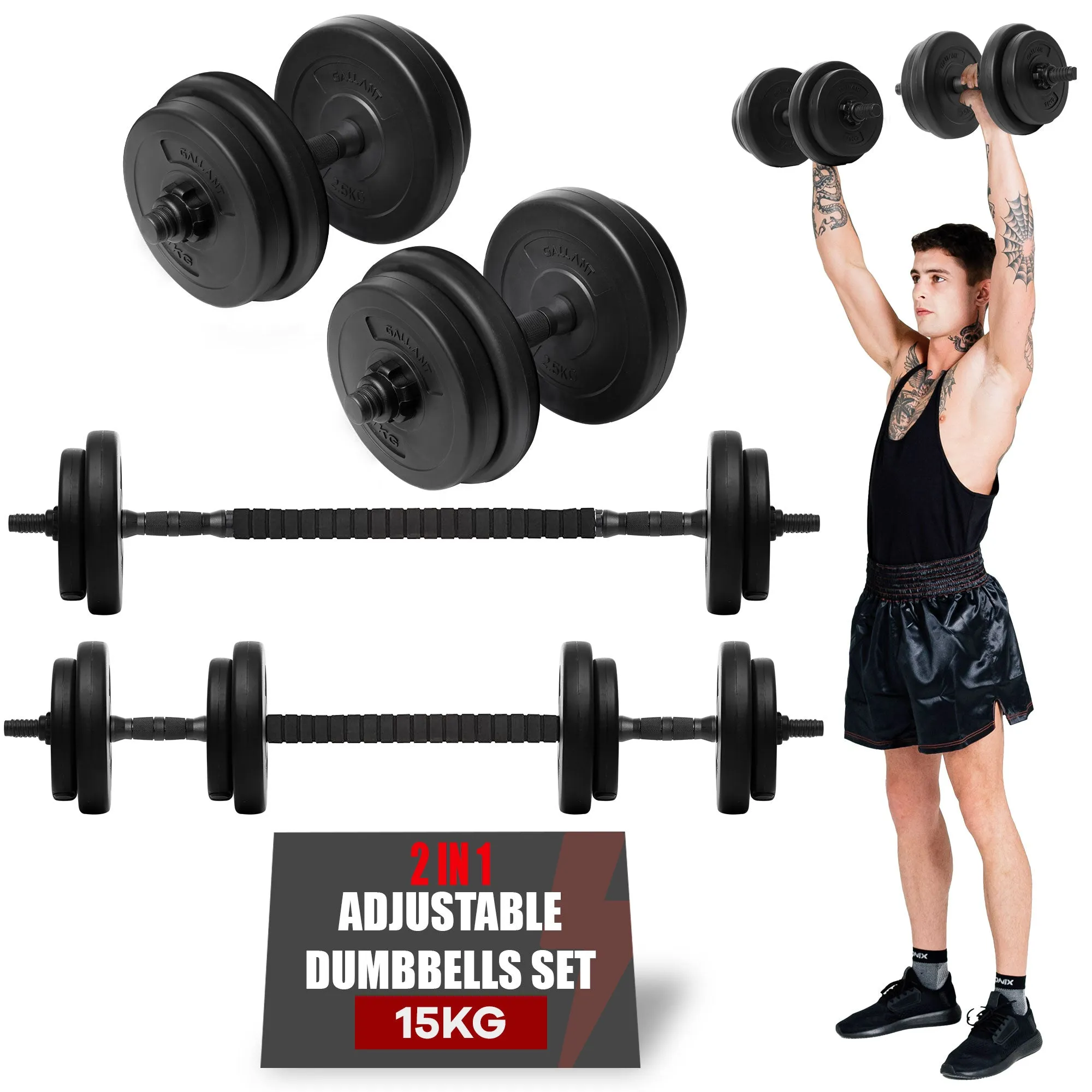 Gallant 10kg-20kg Adjustable Dumbbells Set, 2 in 1 Dumbbells and Barbell Hand Free Weights Dumbbells Set - Bar Weight Sets
