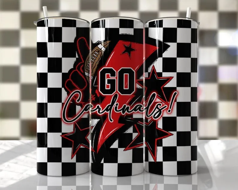 Go Cardinals checker sports cheer- 20oz stainless steel Tumbler