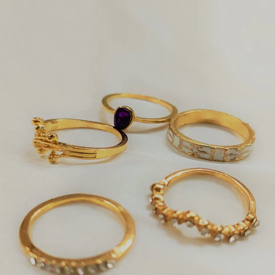 Gold Plated 5 Piece Blue Stud Chain Ring Set