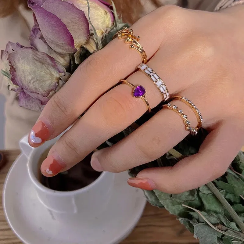 Gold Plated 5 Piece Blue Stud Chain Ring Set