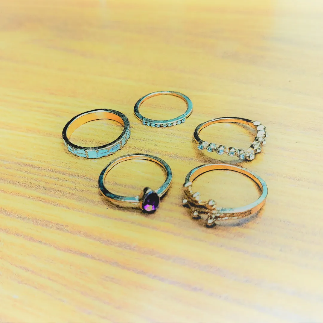Gold Plated 5 Piece Blue Stud Chain Ring Set