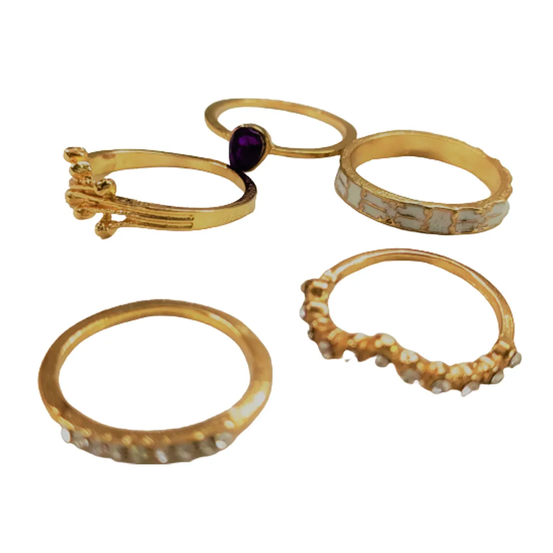 Gold Plated 5 Piece Blue Stud Chain Ring Set