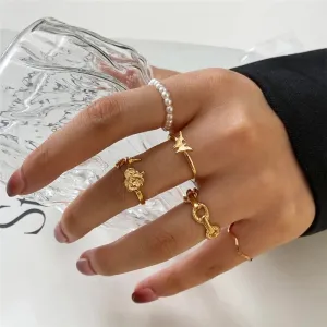 Gold Plated 5 Piece Butterfly Flower Pearl Chain Ring Set