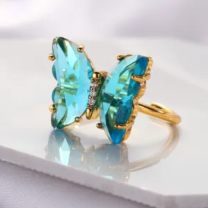 Gold Plated Blue Crystal Butterfly Ring