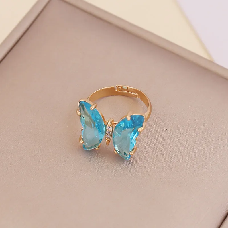 Gold Plated Blue Crystal Butterfly Ring