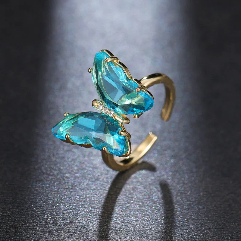 Gold Plated Blue Crystal Butterfly Ring