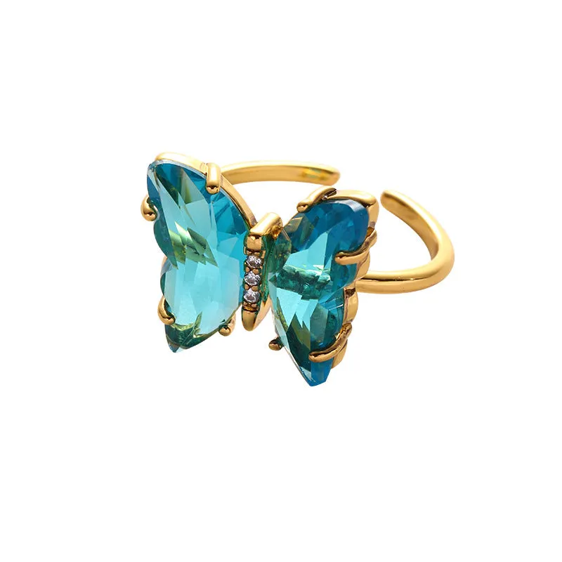 Gold Plated Blue Crystal Butterfly Ring