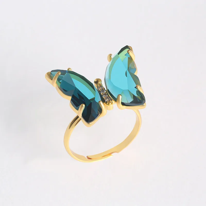 Gold Plated Blue Crystal Butterfly Ring