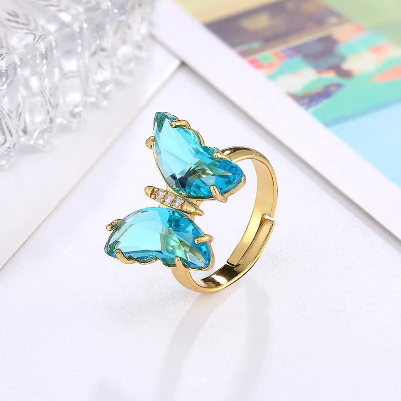 Gold Plated Blue Crystal Butterfly Ring