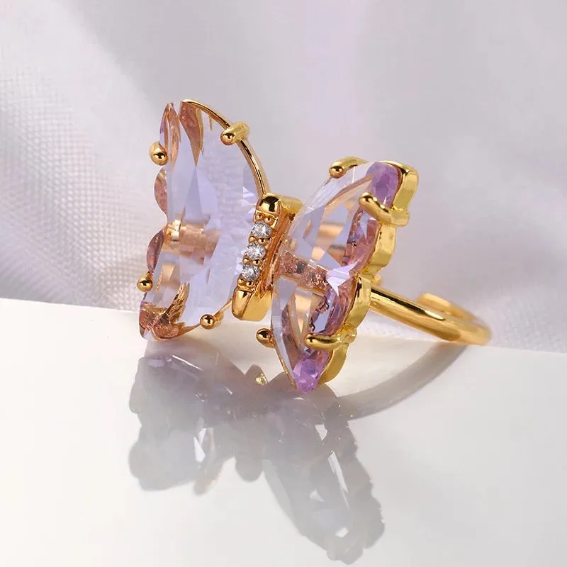 Gold Plated Purple Crystal Butterfly Ring