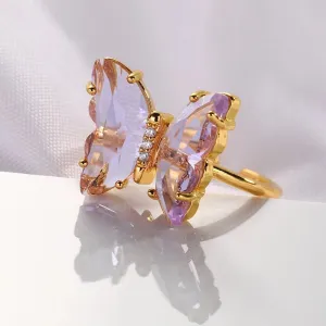 Gold Plated Purple Crystal Butterfly Ring