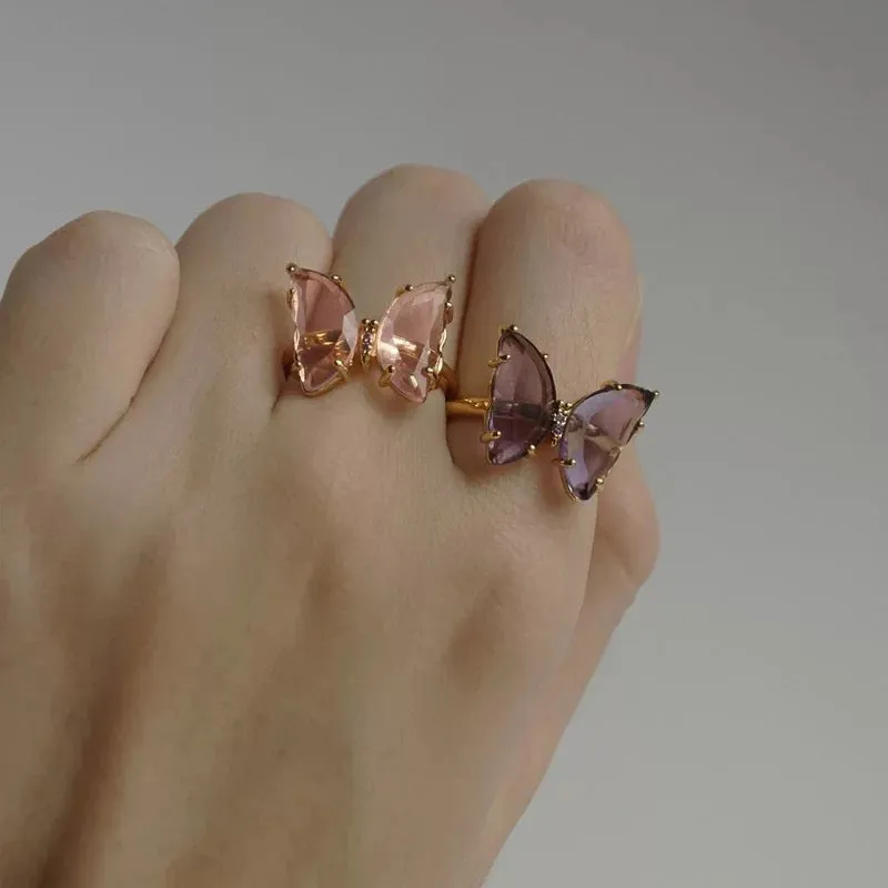 Gold Plated Purple Crystal Butterfly Ring