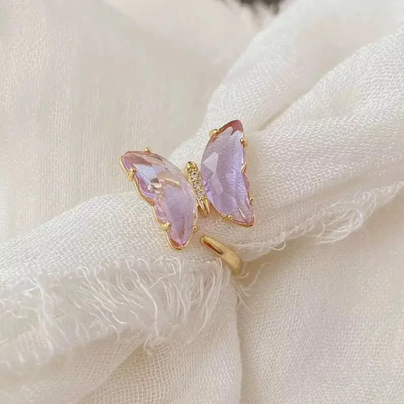 Gold Plated Purple Crystal Butterfly Ring