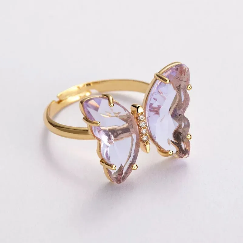 Gold Plated Purple Crystal Butterfly Ring