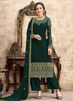 Green and Gold Straight Cut Embroidered Pant Style Suit