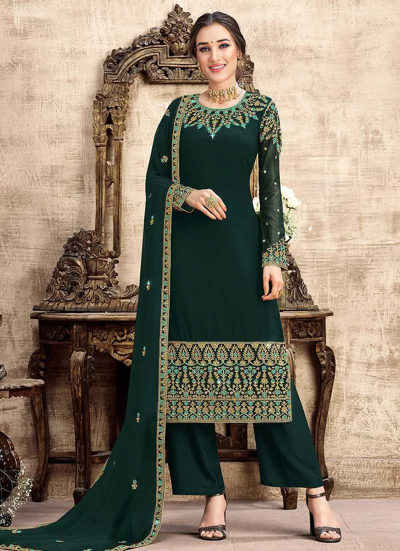Green and Gold Straight Cut Embroidered Pant Style Suit