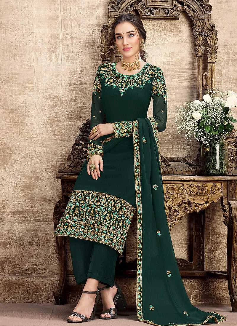 Green and Gold Straight Cut Embroidered Pant Style Suit