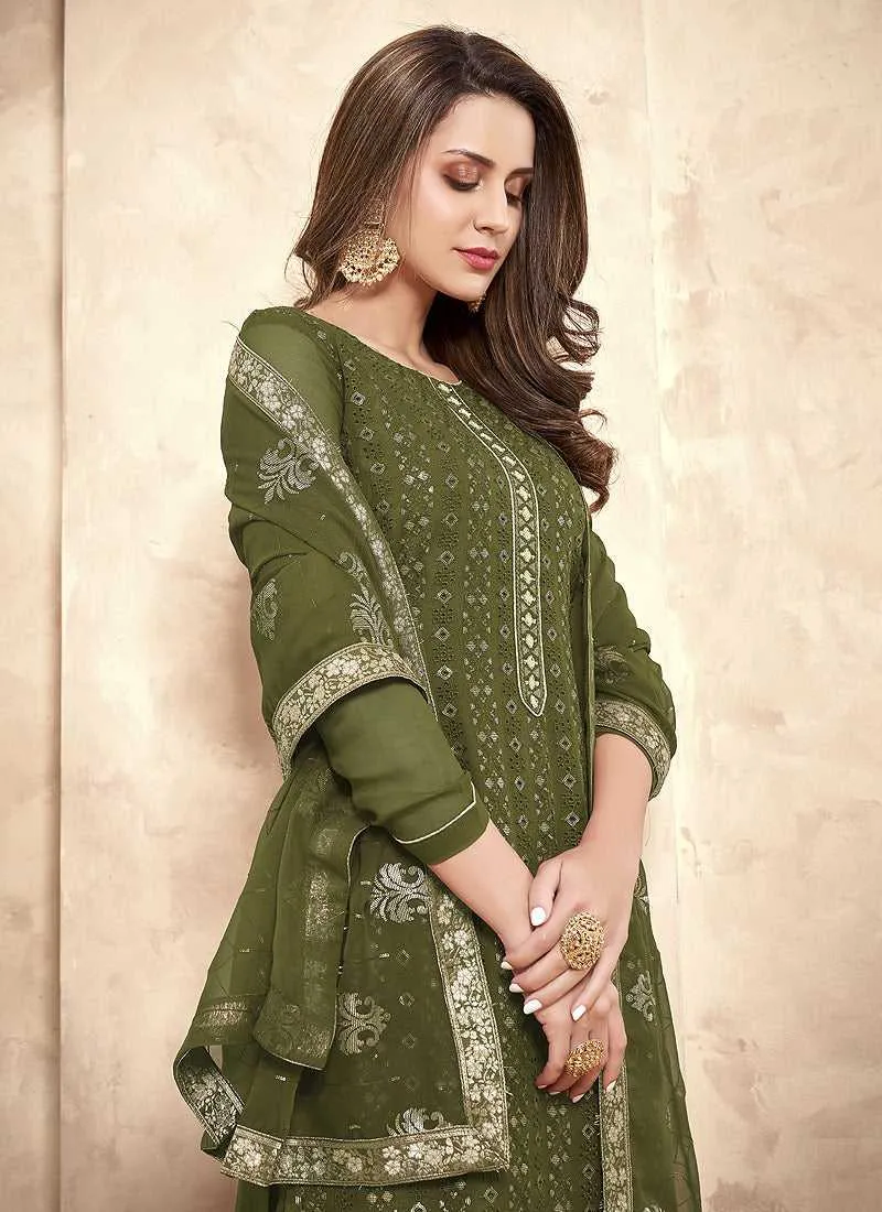 Green Straight Cut Embroidered Pant Style Suit